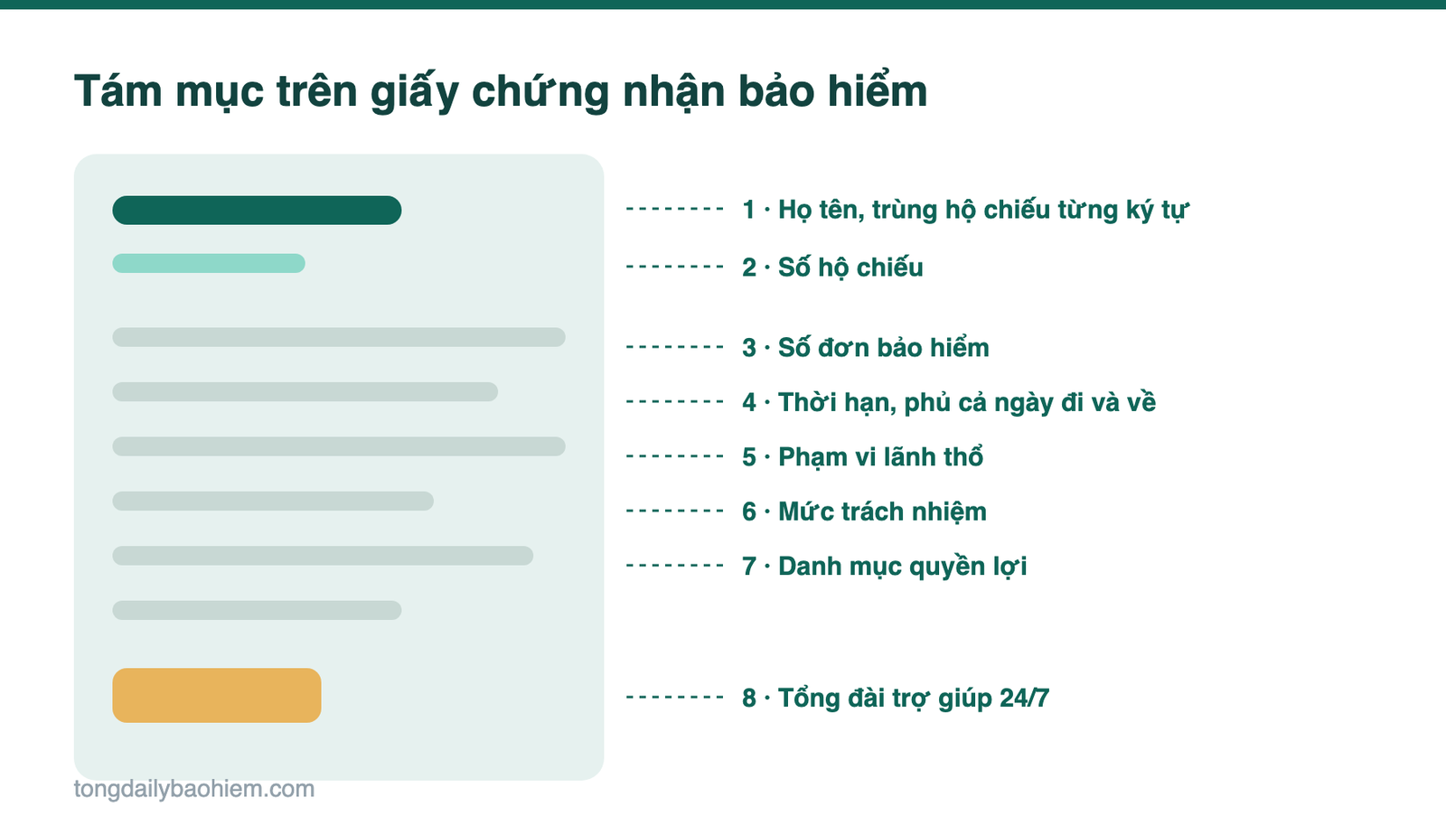 Tám mục trên giấy chứng nhận bảo hiểm du lịch có chú thích từng vị trí